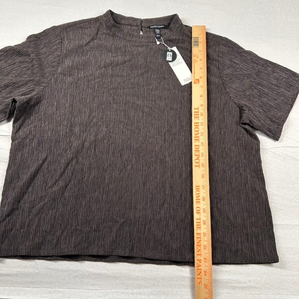 Eileen Fisher Top Womens Large Rye Brown Crinkle Mock Neck Short Sleeve Career - Picture 7 of 9